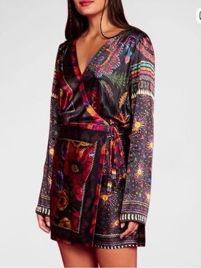 Farm rio colorful scarf print wrap dress tropical vacation floral mini M resort